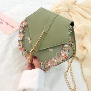 Flower Embroidered Faux Leather Crossbody Bag
