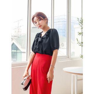 Plus Size Tie-neck Ruffle-trim Chiffon Top