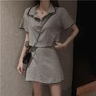 Plain V-neck Short-sleeve Top / Plain High-waist Skirt