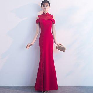 Traditional Chinese Short-sleeve Cold Shoulder Mermaid Evening Gown