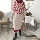 Contrast-trim Patterned Midi Long-sleeve Knit Dress