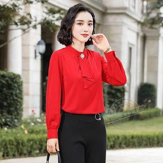 Long-sleeve Tie-neck Blouse / Wide-leg Dress Pants / Set