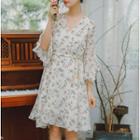 Bell-sleeve Floral Printed Chiffon Mini Dress