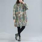 Floral Print Zip-up Long Hoodie Green Floral Printed - Khaki - One Size
