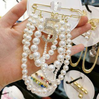 Faux Pearl Safety Pin Rhinestone Numerical Brooch As Shown In Figure - One Size