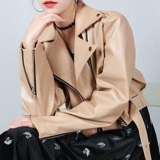 Faux-leather Biker Jacket Almond - One Size