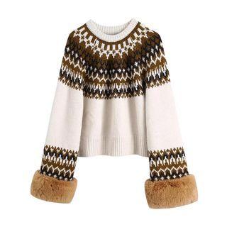 Fluffy Trim Jacquard Sweater