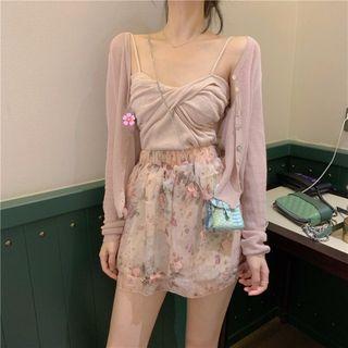 Light Jacket / Knit Spaghetti Strap Top / Mini Skirt