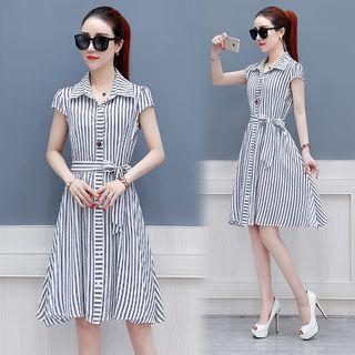 Cap-sleeve Striped Shirtdress With Sash