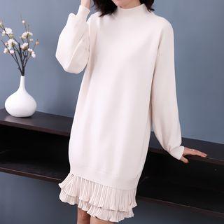 Mock Turtleneck Mesh Panel Long-sleeve Knit Dress