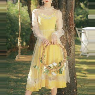 Set: Mesh Puff Sleeve Midi Dress + Plain Spaghetti-strap Midi Dress