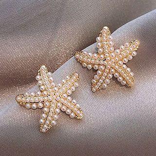 Faux Pearl Seastar Stud Earring 1 Pair - White Faux Pearl - Gold - One Size