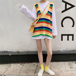 Plain Long-sleeve Loose-fit Top / Striped V-neck Knit Vest