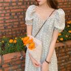 Floral Print Lace Panel V Neck Puff Sleeve Dress