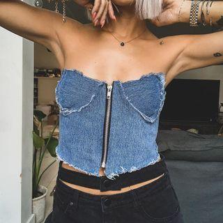 Zip Detail Denim Tube Top