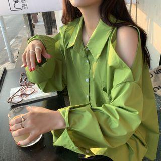 Cold-shoulder Shirt Green - One Size