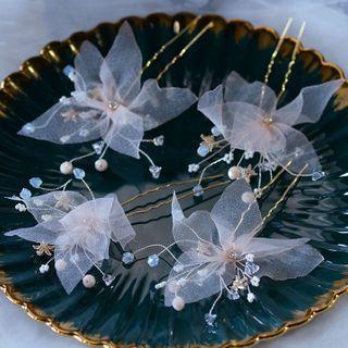 Wedding Flower Mesh Hair Stick Set Of 4 - Light Pink - One Size