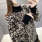 Mock Neck Leopard Print Knit Sweater Black - One Size