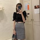 Balloon-sleeve Cropped Blouse / Plaid A-line Skirt