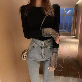 Rhinestone-cuff Plain T-shirt