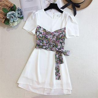 Floral Panel Short-sleeve Mini A-line Dress