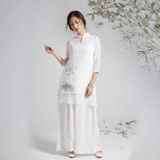 Floral 3/4-sleeve Long Hem Hanfu Top