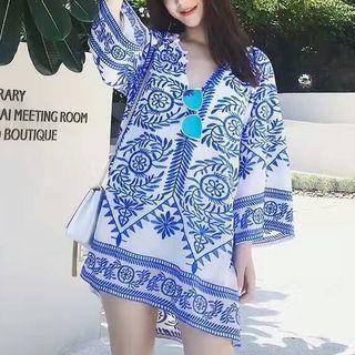 Patterned Long-sleeve Dress Blue - One Size