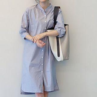 Elbow-sleeve Plain Asymmetric Back Knotted Shirtdress