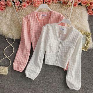 Long Sleeve V-neck Zip Front Blouse