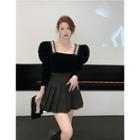 Square-neck Rhinestone Blouse / Pleated Mini A-line Skirt
