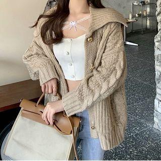 Long Sleeve Lace Panel Cropped T-shirt / Cable Knit Cardigan
