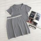 Set:color-block Trim Short-sleeve Knit Top + High-waist A-line Skirt