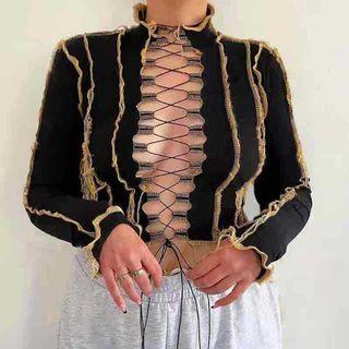 Long-sleeve Lace Up Contrast Stitching Cropped T-shirt