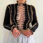 Long-sleeve Lace Up Contrast Stitching Cropped T-shirt