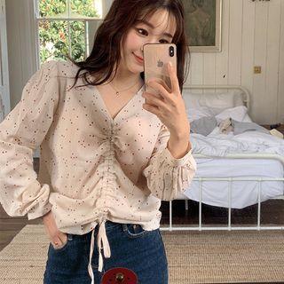Heart Print Drawstring Blouse As Shown In Figure - One Size