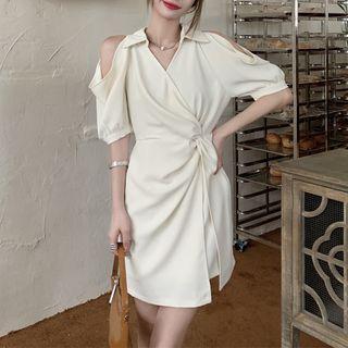 Short-sleeve Collar Cold-shoulder Mini Sheath Dress