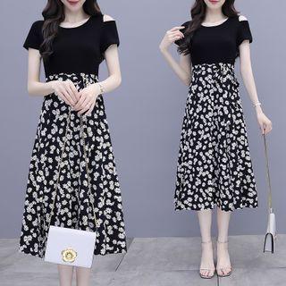 Mock Two-piece Short-sleeve Cold Shoulder Floral Chiffon A-line Midi Dress