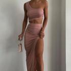 Set: One-shoulder Crop Tank Top + Side-slit Maxi Pencil Skirt