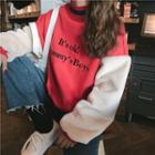 Mock-neck Color Block Letter Embroidered Pullover Red - One Size