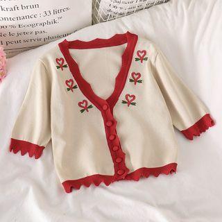 Heart Embroidered Short-sleeve Cropped Knit Cardigan Heart - Red & Almond - One Size