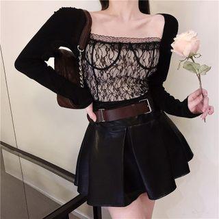Lace Panel Crop Top / Pleated Mini A-line Skirt / Belt