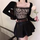 Lace Panel Crop Top / Pleated Mini A-line Skirt / Belt