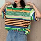 Striped Elbow-sleeve Oversize T-shirt As Shown In Figure - One Size