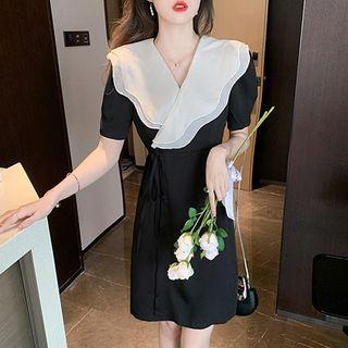 Short Sleeve Ruffled Collar Wrap A-line Dress