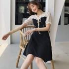 Buttoned Bow Tie Puff-sleeve A-line Dress