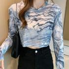 Long-sleeve Dyed Cropped T-shirt Gray - One Size
