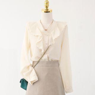V-neck Plain Button-up Ruffle Blouse
