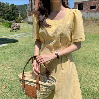 Gingham Short-sleeve Square-neck Button Midi A-line Dress