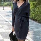 V-neck Open Back Tie-waist Knit Dress