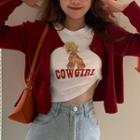 Printed Short-sleeve T-shirt / Cropped Cardigan